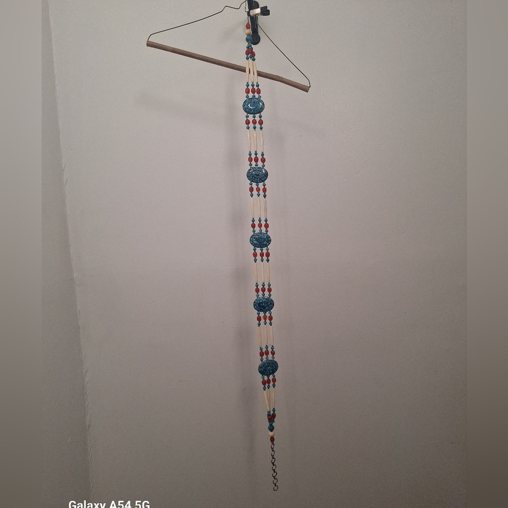 Vintage Silver Beaded Belt with Turquoise, Bone Bead and Red Accents 45 Inch